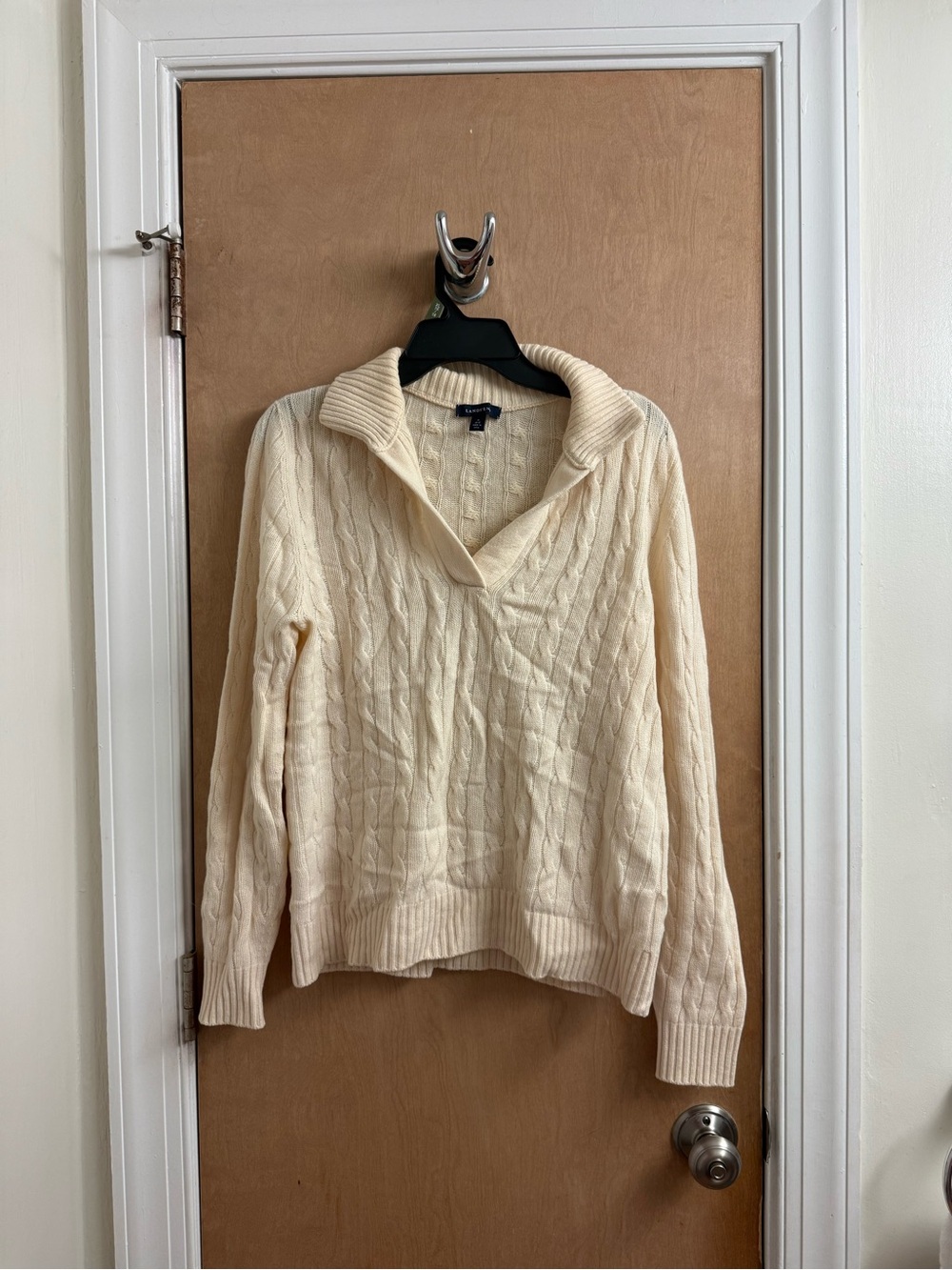 Lands End Womens V Neck Cable Knit Cashmere Sweater in Cream Sz M